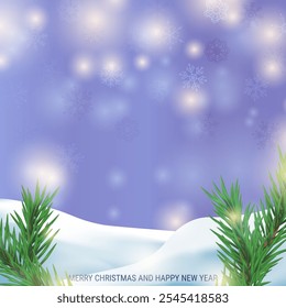 Winter Christmas Background with Snowflakes. Fir Tree Branches, Merry Christmas, Xmas, New Year's Eve. Snowfall, Snow, Snowy Pine Forest, Blurred Bokeh Lights. Holiday Landscape.  Vector Illustration.