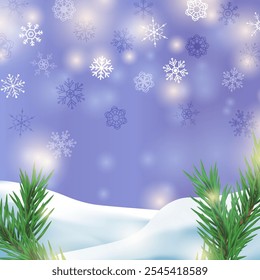 Winter Christmas Background with Snowflakes. Fir Tree Branches, Merry Christmas, Xmas, New Year's Eve. Snowfall, Snow, Snowy Pine Forest, Blurred Bokeh Lights. Holiday Landscape.  Vector Illustration.