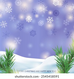 Winter Christmas Background with Snowflakes. Fir Tree Branches, Merry Christmas, Xmas, New Year's Eve. Snowfall, Snow, Snowy Pine Forest, Blurred Bokeh Lights. Holiday Landscape.  Vector Illustration.