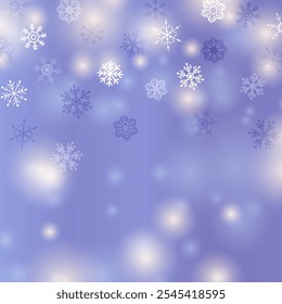 Winter Christmas Background with Snowflakes. Fir Tree Branches, Merry Christmas, Xmas, New Year's Eve. Snowfall, Snow, Snowy Pine Forest, Blurred Bokeh Lights. Holiday Landscape.  Vector Illustration.