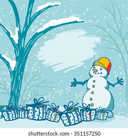 Winter Christmas Background with Snowman and Gift Boxes. Eps-8