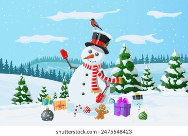 Winter christmas background. Snowman, gifts, pine tree and snow. Winter landscape with fir trees forest and snowing. Happy new year celebration. New year xmas holiday. Vector illustration flat style