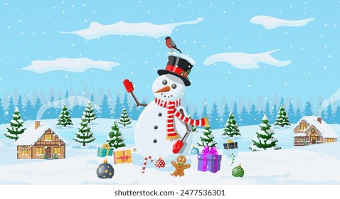 Winter christmas background. Snowman, gifts, pine tree and snow. Winter landscape with fir trees forest and village. Happy new year celebration. New year xmas holiday. Vector illustration flat style