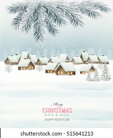 Winter christmas background with a snowy village landscape. Vector.