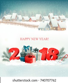 Winter christmas background with a snowy village landscape. Vector.