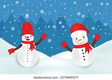Winter Christmas Background with Two snowmen, Merry Christmas greeting card