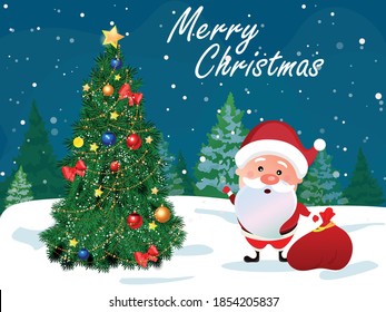 Winter Christmas background Vector illustration. Snowflakes sky. falling snow and Christmas tree sign, Santa Claus gift for graphic,landscape, copy space, sale, merry christmas  