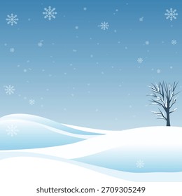 Winter Weihnachten Hintergrund, eine Vektorlandschaft mit schneebedeckten Hügeln, Bäumen, Schnee, Schneeflocken, weichen blauen Farbverlauf Himmel. Banner mit Platz für Text für Weihnachtskarten, Winter Neujahr Designs