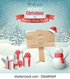 Winter Christmas Background with Wooden Signpost Snowman and Gift Boxes