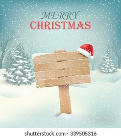 Winter Christmas Background with Wooden Signpost and Santa Hat