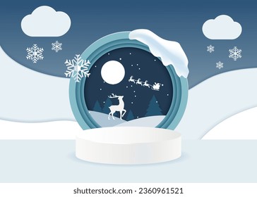 Winter Christmas banner with 3d podium. Winter background with santa's team in paper cut style. Vector christmas card in circle view