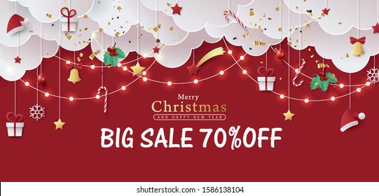 Winter christmas banner background composition in paper cut style.Celebration quotation for card.Vector illustration. 