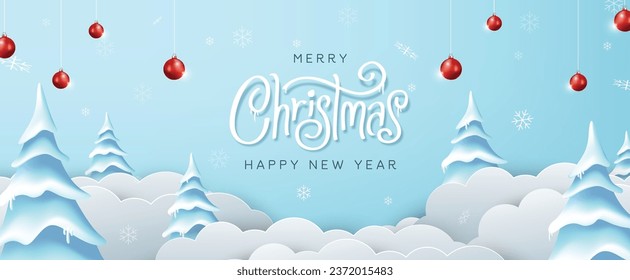 Winter christmas banner composition in paper cut style. Merry Christmas text Calligraphic Lettering Vector illustration. 