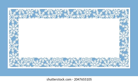 Winter Christmas banner. Rectangular shape, lace border of snowflakes. Copy space for text. Template for plotter laser cutting of paper, cnc. White object on a blue background. New Year vector image.