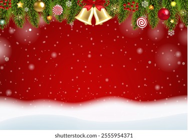 Winter Christmas Banner And Snowfall Border And Christmas Fir Tree Branches With Gradient Mesh, Vector Illustration

