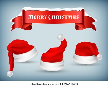 Winter Christmas banner vector template with realistic Santa hats and snowy red ribbon illustration