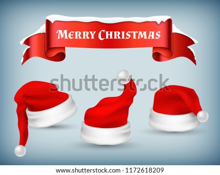 Winter Christmas banner vector template with realistic Santa hats and snowy red ribbon illustration