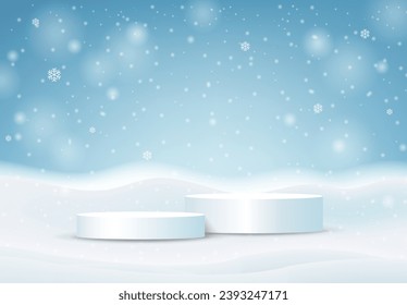 Winter Christmas Banner And White PodiumWith Gradient Mesh, Vector Illustration