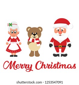 winter christmas bear with scarf and santa claus and cartoon mrs santa and christmas text