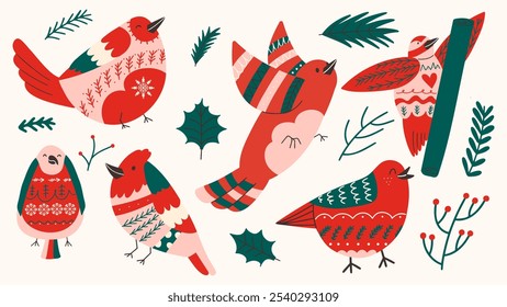 Winter Christmas birds and plants. Forest cute characters. Birds with New Year's patterns in Scandinavian style