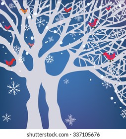 Winter Christmas blue background with tree, snow and birds