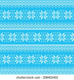 Winter, Christmas blue seamless pixelated pattern with snowflakes
