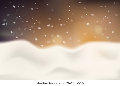 Winter christmas blurred background with shiny snow and blizzard. Snow falling warm background