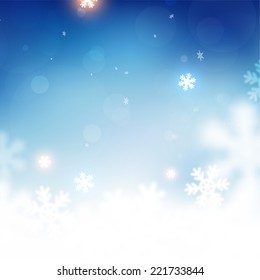 Winterweihnachtliche unscharfer Bokeh-Hintergrund mit unscharfem Schneeflocken. Urlaubsdesign für Neujahrskarten, Poster und Flyer. Vektorgrafik.