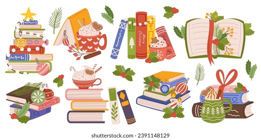 Los Libros De Invierno De Navidad Ofrecen Historias Atractivas De Alegría Vacacional, Aventuras Con Nieves Y Tradiciones Festivas, Que Captan A Los Lectores Con Magia Estacional Y Espíritu Festivo. Ilustración del vector de dibujos animados, ajuste