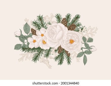 Winter Christmas bouquet with white roses, fir branches and cones, hand-drawn in vector.  Floral  illustration. Oval composition. Pastel pattern on white background.
