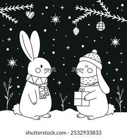 Winter Christmas bunnies vector line drawing illustration