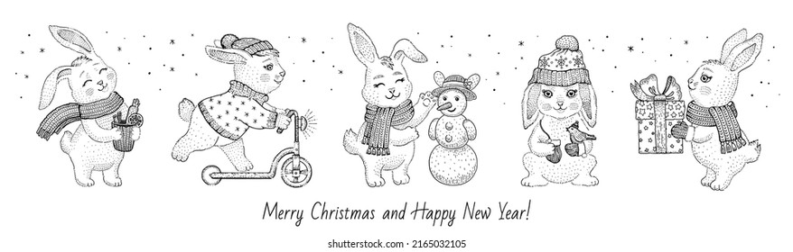 Winter christmas bunny coloring book. Rabbit vector. Cute cartoon illustration with snow animals for kids. Girl hare print. Winter baby fashion graphic design. Color book line drawing. Christmas bunny