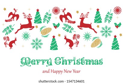 Winter christmas card. Against the background of deer, stars, birds, hares, snowflakes and ornament. Vector drawing for design.