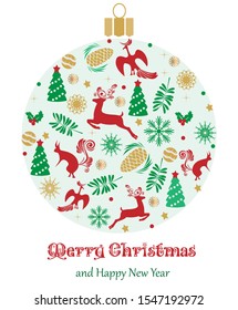 Winter christmas card. Against the background of deer, stars, birds, hares, snowflakes and ornament. Vector drawing for design.