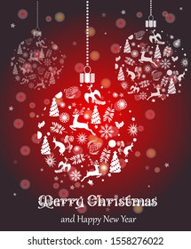 Winter christmas card. Against the background of deer, stars, birds, hares, snowflakes and ornament. Vector drawing for design.