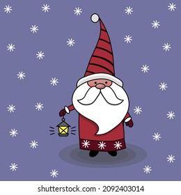 Winter christmas card of cute gnome with yellow star on snow background, flat design, scandinavian style

