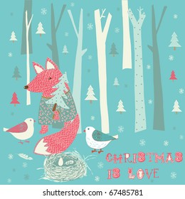 Winter Christmas card with fox and birds