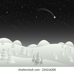 Winter Christmas card landscape with falling star
