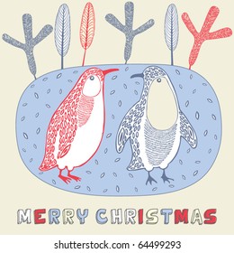 Winter Christmas card with penguins