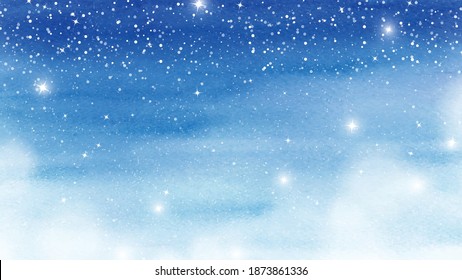 Tarjeta navideña de invierno con nevadas, estrellas brillantes en color azul