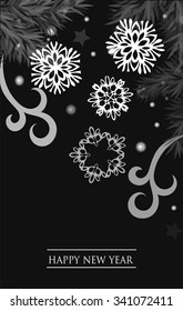 Winter Christmas card with snowflakes,flakes,snow and frosty patterns on a black background