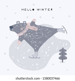 Winter or christmas cards. Vector cartoon illustration. T-Shirt Design & Printing, clothes for kids. Bear on skates.
