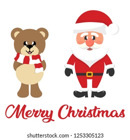 winter christmas cartoon bear with scarf and santa claus with christmas text