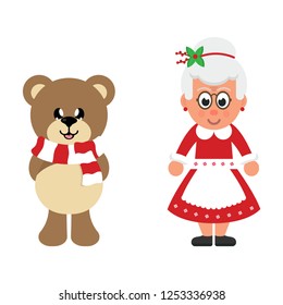 winter christmas cartoon bear with scarf and cartoon mrs santa