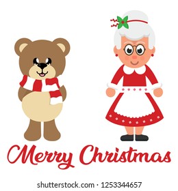 winter christmas cartoon bear with scarf and cartoon mrs santa with christmas text