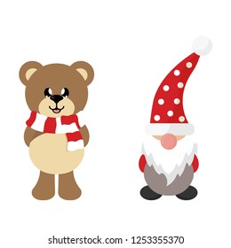 winter christmas cartoon bear with scarf and cartoon christmas dwarf