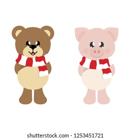 winter christmas cartoon bear with scarf and cartoon christmas pig