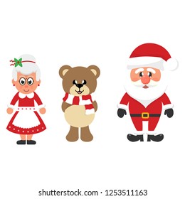 winter christmas cartoon bear with scarf and santa claus and cartoon mrs santa