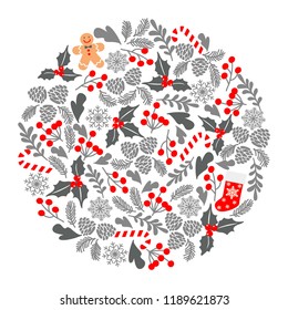 Winter Christmas circle pattern, vector illustration. Christmas greeting card with wreath, Christmas socks and gingerbread Man. Perfect for Christmas and New Year greetings, invitation. 