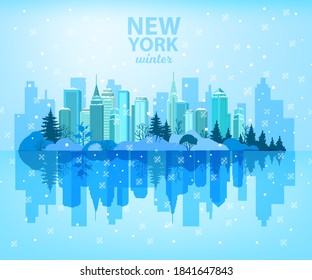 Winterweihnachtsstadt mit Urlaub New York Fernsicht, Spiegelungen, Schneeflocken, Bäume.Urban x-mas Landschaft in Blau mit hohen Wolkenkratzern, Park, Wasseroberfläche.Architekturpostkarte mit Winterstadt